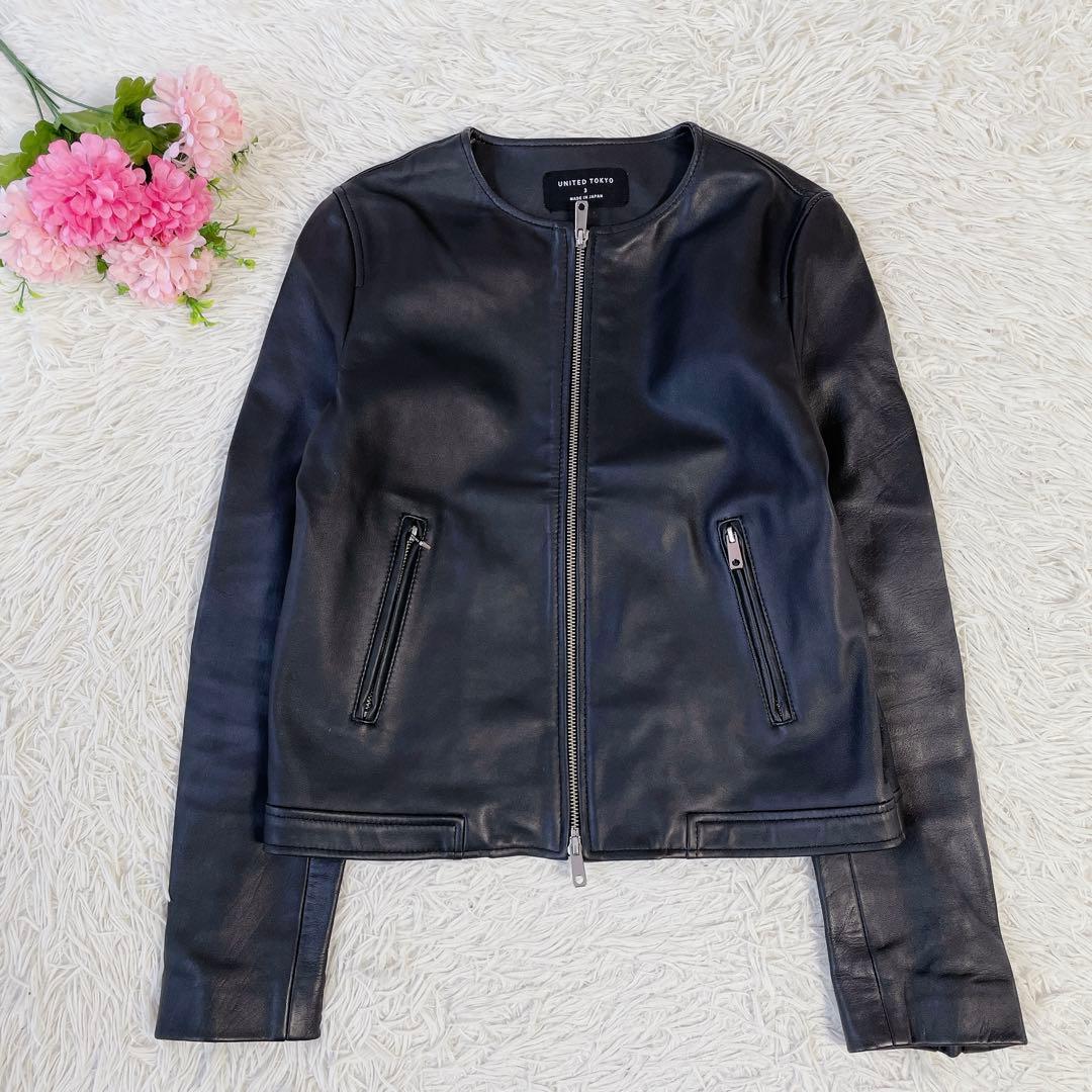 【美品】ユナイテッドトウキョウ　ラムレザー　シングルライダースジャケット　3