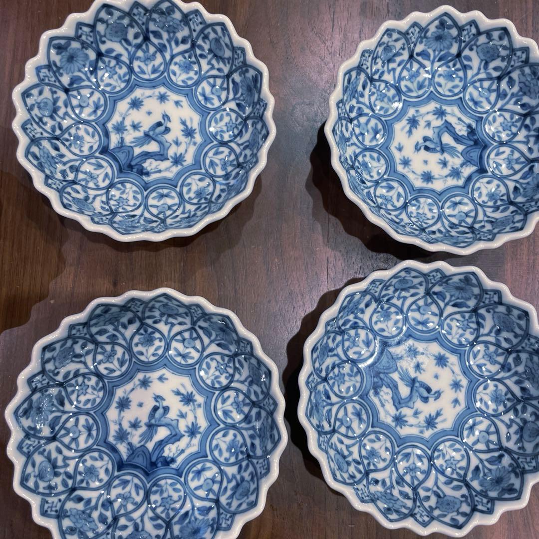 龍峰窯　花鳥図　染付　中鉢揃　5枚セット　中皿　輪花皿　古伊万里　更紗