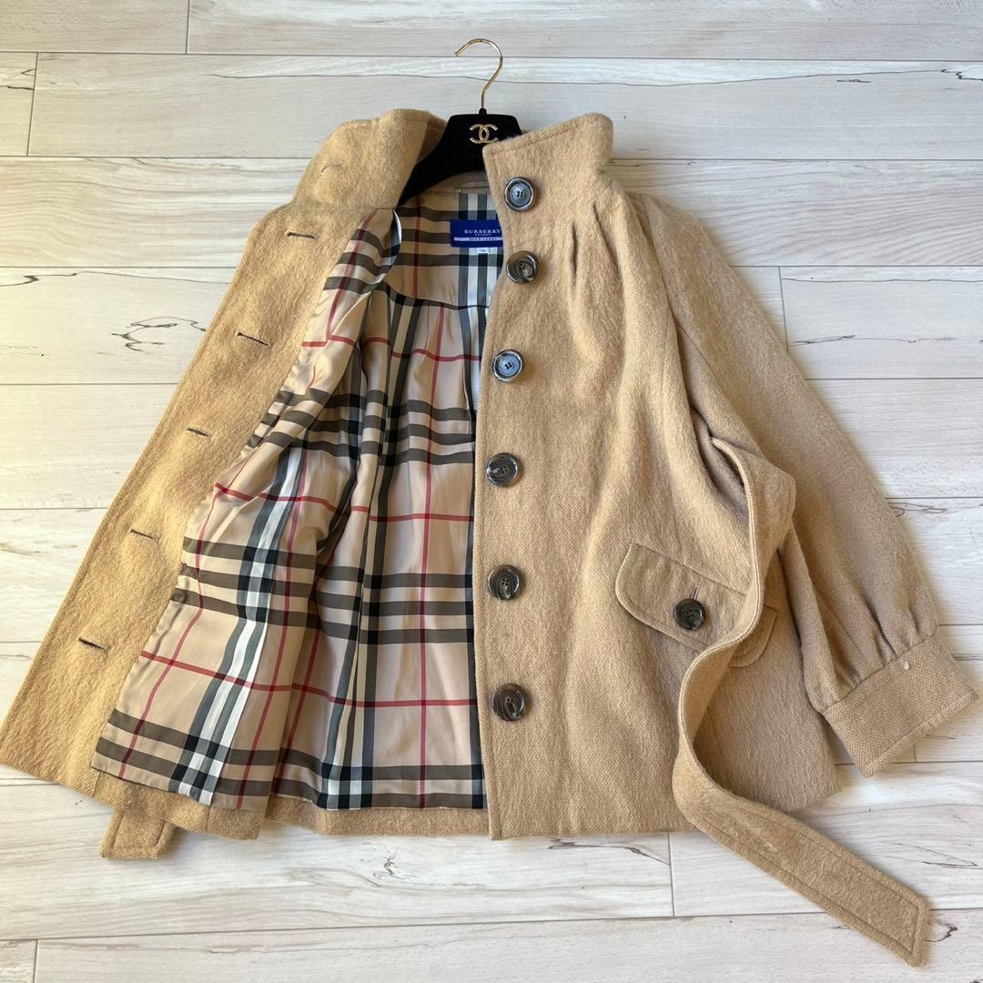 バーバリーブルーレーベル　ベルテッドコート　アルパカ　メガチェック　ノバチェック
