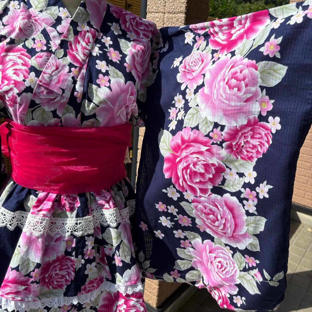 浴衣ドレス 2段スカート 紺地ネイビー青ピンク 地雷ギャル 姫ギャル 平成ギャル