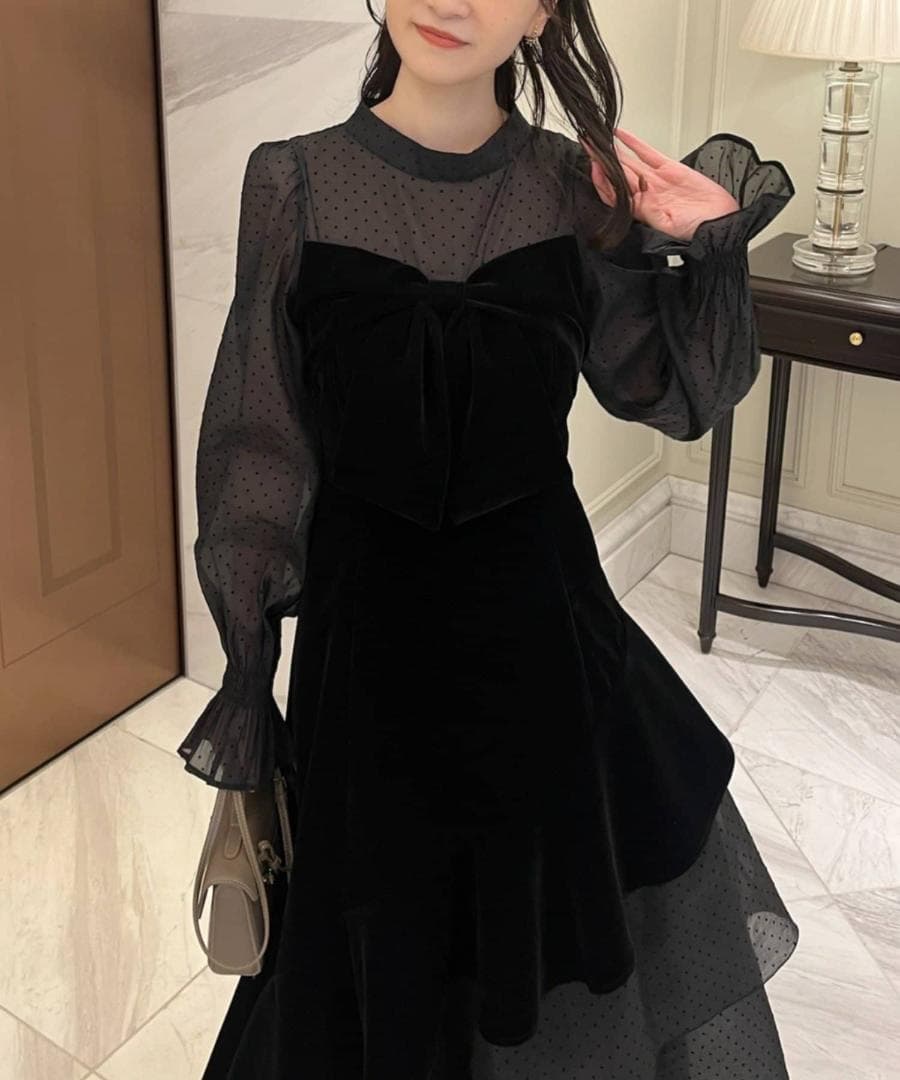 新品 NICE CLAUP オケージョン ベロアリボン異素材ロングワンピース